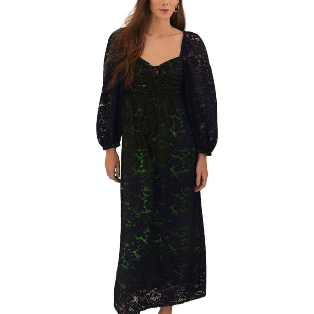 Farm Rio Womens  Black Lace Long Sleeve Midi Dress